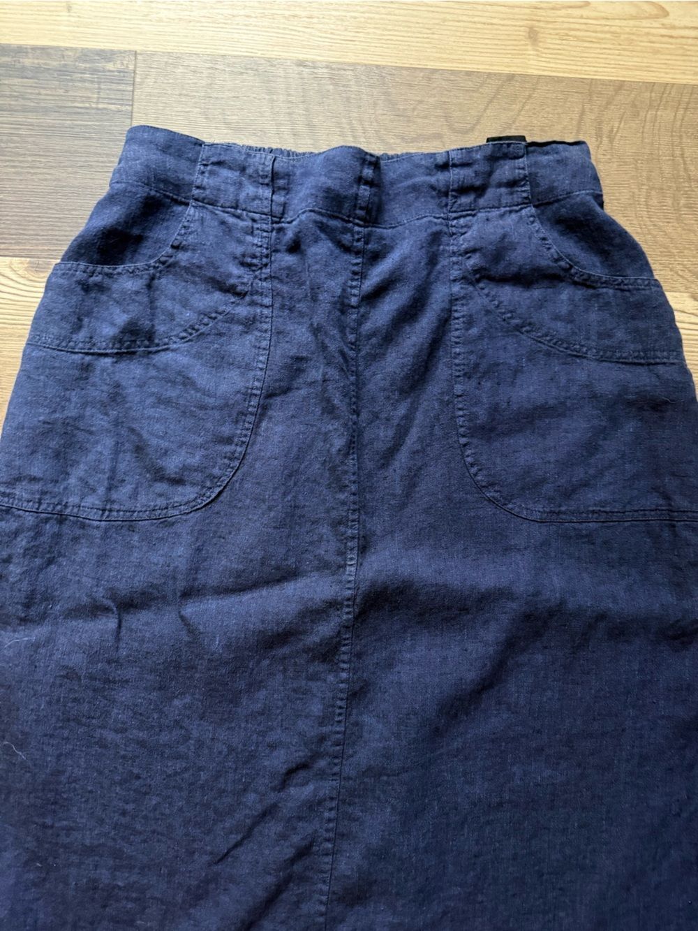 Vintage FLAX Jeanne Engelhart Navy 100% Linen Midi Skirt Large Pockets Lagenlook - Picture 2 of 7
